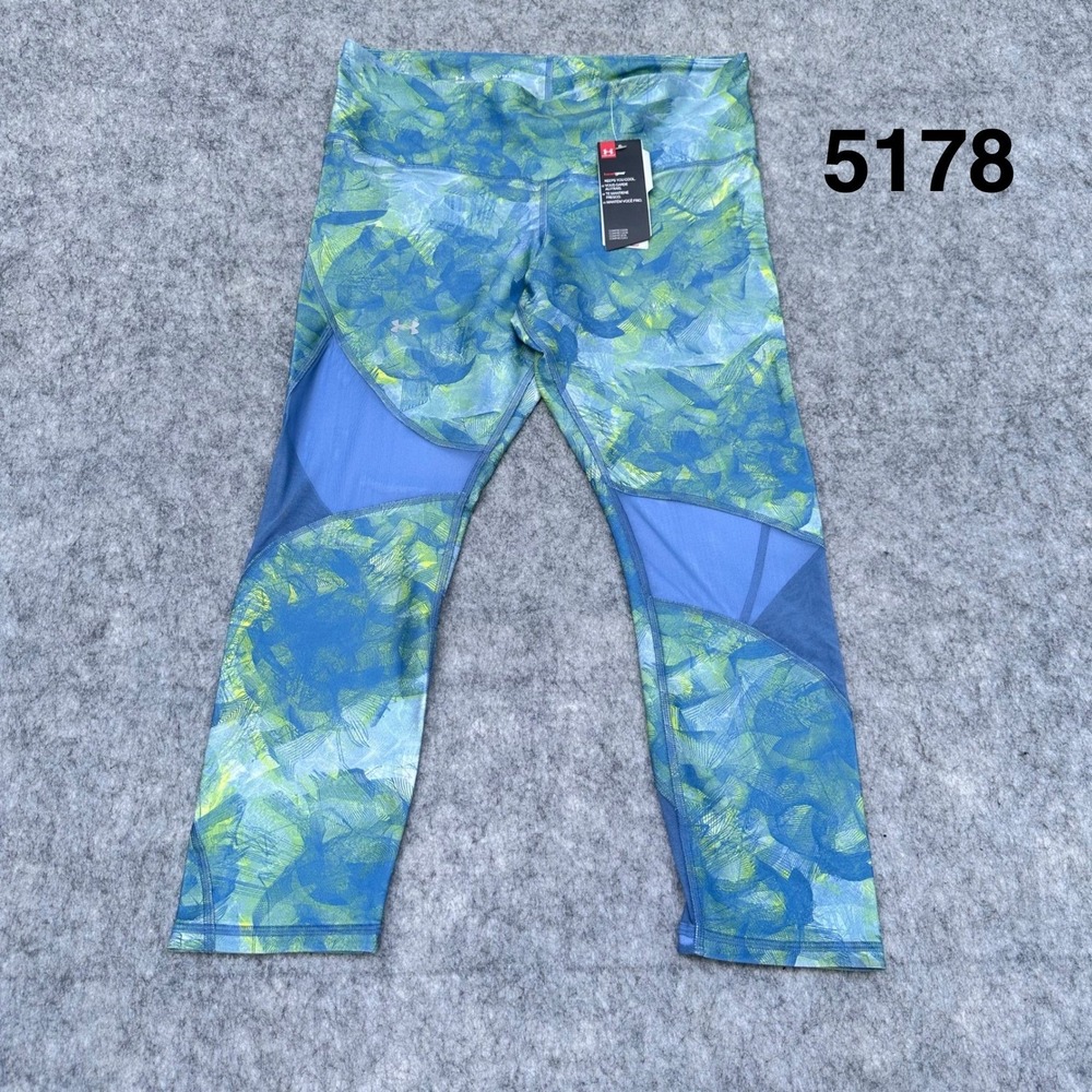 Under Armour HeatGear Womens XL Blue Green Abstract Mesh Crop Leggings 1328993